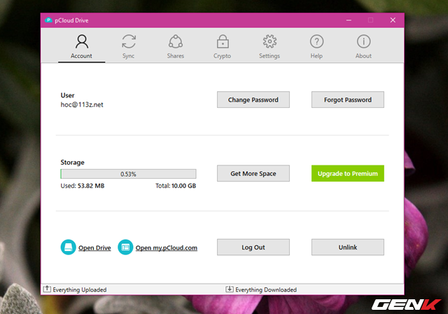  Giao diện phần mềm pCloud Drive trên Windows được chia ra làm nhiều tab và chức năng khác nhau như: Account (tài khoản), Sync (đồng bộ), Shares (chia sẻ), Crypto (mã hóa), Settings (cài đặt) và 2 tab cuối lần lượt là Help (trợ giúp), About (thông tin). 
