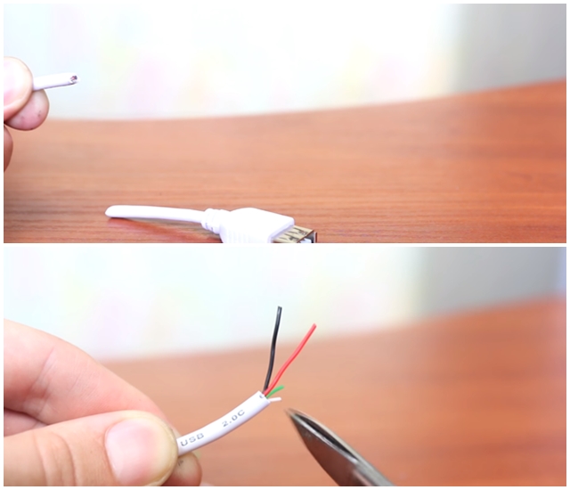  Tiếp theo bạn hãy lấy cáp USB ra và cắt 1 đầu. Sau đó loại bỏ 2 dây bất kỳ bên trong đầu cáp. 