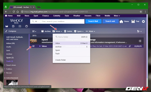  Sau khi đăng nhập xong, bạn sẽ được đưa đến giao diện chính của hộp thư. Lúc này bạn hãy nhấp vào mục Trash (Thùng rác), đánh dấu vào email mình muốn khôi phục, nhấp vào tùy chọn “Move” và lựa chọn vị trí mình muốn di chuyển email khôi phục vào đó là xong. 