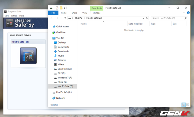  Sau khi mở khóa thành công, File Explorer sẽ tự đổng mở và truy cập vào ngay phân vùng ảo được bảo vệ bởi Steganos Safe. Lúc này bạn chỉ việc di chuyển các dữ liệu mà mình cần bảo vệ vào trong đó. 