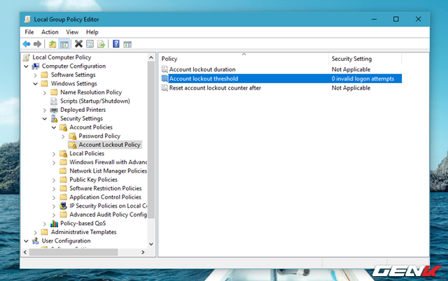  Trong Windows Local Group Policy Editor, bạn hãy tìm đến Computer Configuration > Windows Settings > Security Settings > Account Policies > Account Lockout Policy và nhấp đôi chuột vào “Account lockout threshold”. 