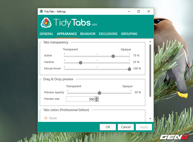  Tab “Appearance” và “Behavior” sẽ cung cấp cho bạn một số các thiết lập về giao diện và hiệu ứng cho TidyTabs. 