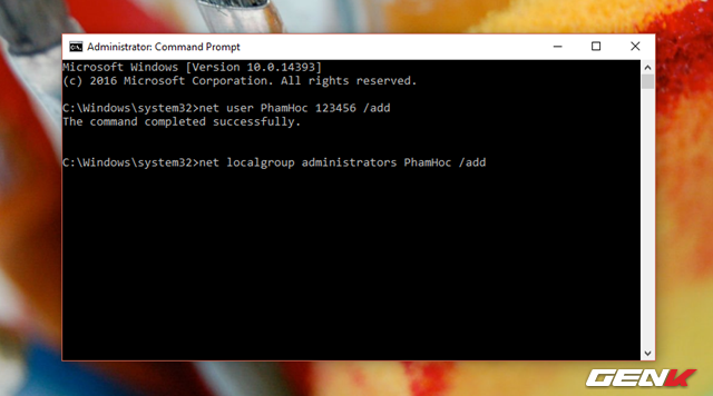  Nếu muốn cấp quyền cho tài khoản mới mình vừa tạo, bạn hãy nhập lệnh với cú pháp “net localgroup administrators /add” và nhấn phím ENTER để thực thi. Trong đó “administrators” là quyền quản trị cao nhất, và là tên tài khoản mà bạn muốn cấp quyền cho nó. 