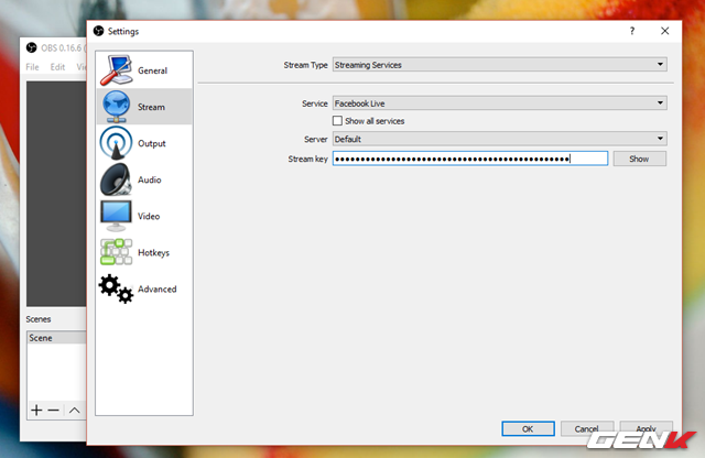 Tiến hành thiết lập lựa chọn Stream Type là “Stream Services”, Service là “Facebook Live” và dán đoạn mã Stream Key mà chúng ta đã sao chép ở trên vào dòng Stream Key tương ứng rồi nhấn “OK” để lưu lại.