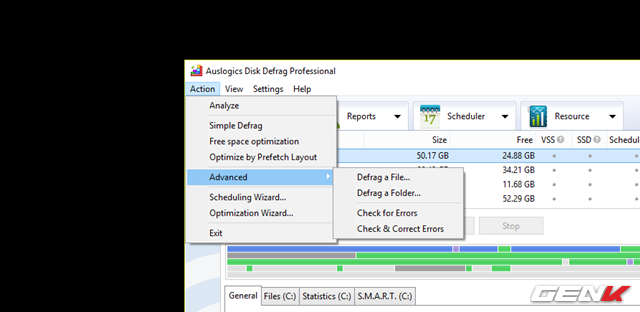  Bên cạnh các tính năng về chống phân mảnh và phân tích ổ cứng, Auslogics Disk Defrag cũng bổ sung một số các tính năng hữu ích khác như kiểm tra lỗi phân vùng, lên lịch chống phân mảnh, tối ưu hóa dữ liệu,… tất cả điều nằm trong menu “Action”. Bạn đọc quan tâm có thể truy cập và sử dụng tùy theo nhu cầu. 