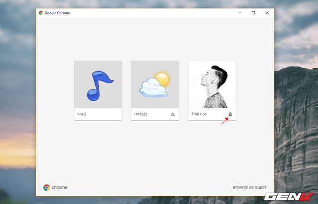  Và khi đã hoàn thành các bước trên, tài khoản của người dùng sẽ xuất hiện thêm biểu tượng hình ổ khóa. Chứng tỏ để có thể sử dụng, cần phải nhập chính xác mật khẩu mới có thể khởi động trình duyệt Chrome với tài khoản tương ứng. 