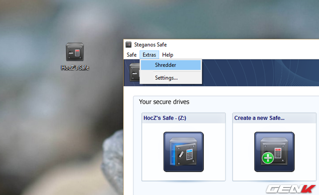  Ngoài các tính năng bảo vệ dữ liệu, Steganos Safe còn cung cấp cho người dùng lựa chọn xóa bỏ an toàn, cũng như không thể khôi phục lại các tập tin và thư mục thông qua lựa chọn “Shredder” trong menu Extras. 