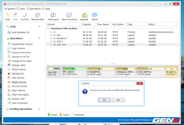  Trường hợp nếu bạn nhận thấy một phân vùng nào đó có vẻ như ít được sử dụng hoặc cảm thấy “dư”, bạn có thể xóa nó đi và sử dụng phần dung lượng dư này bổ sung cho phân vùng khác thì trước tiên, bạn hãy tiến hành sao chép các dữ liệu hiện có trong phân vùng này, sao đó chọn lệnh “Delete Volume” và nhấn “Yes” ở hộp thoại xác nhận. 