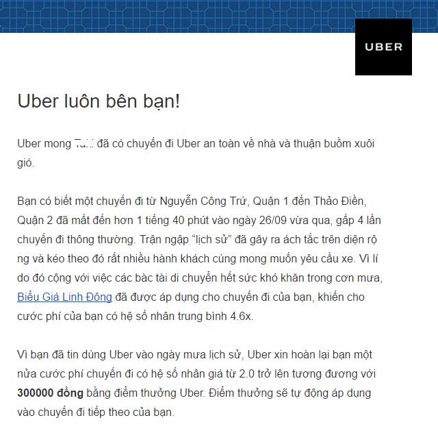  Thông báo hoàn tiền từ Uber tới một người dùng bị tăng giá tại TP. HCM 