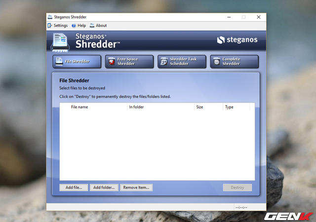 Giao diện Steganos Shredder xuất hiện, bạn sẽ được cung cấp 4 lựa chọn xóa dữ liệu an toàn tùy theo mục đích. Do công dụng của công cụ này là xóa dữ liệu vĩnh viễn không thể phục hồi nên bạn hãy cẩn thận khi làm việc với nó. 