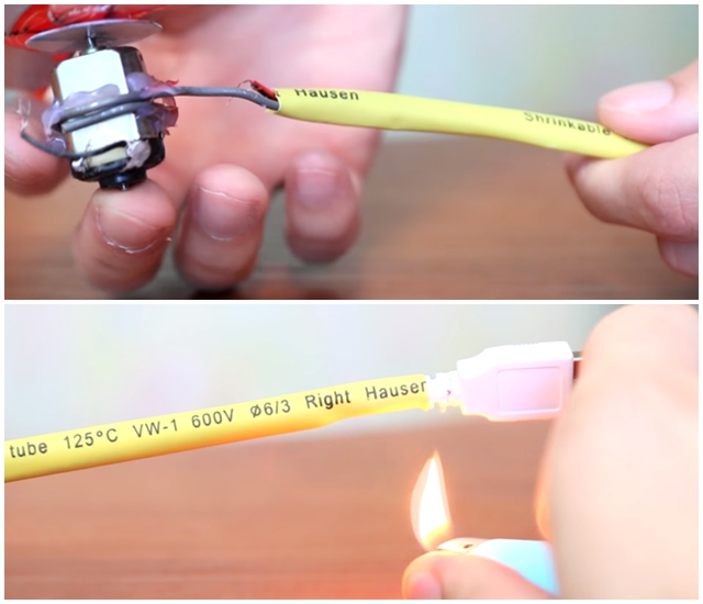  Để chiếc quạt của chúng ta có chút thẩm mỹ, bạn hãy luồng dây thép và dây USB vào trong 1 ống dây điện. Sau đó dùng bật lửa để cố định nó ở 2 đầu. 
