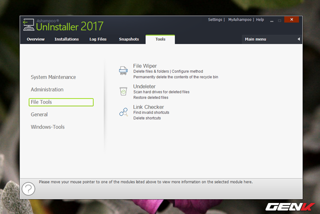  Trong số các công cụ mà Ashampoo UnInstaller 2017 cung cấp ở tab “Tools”, đang chú ý là 3 công cụ nằm trong nhóm “File Tools”, bao gồm File Wiper (công cụ giúp xóa và ngăn phục hồi lại dữ liệu đã xóa), Undeleter (giúp khôi phục lại dữ liệu đã xóa) và Link Checker (tìm và xóa các shortcut không có thực trong hệ thống). 