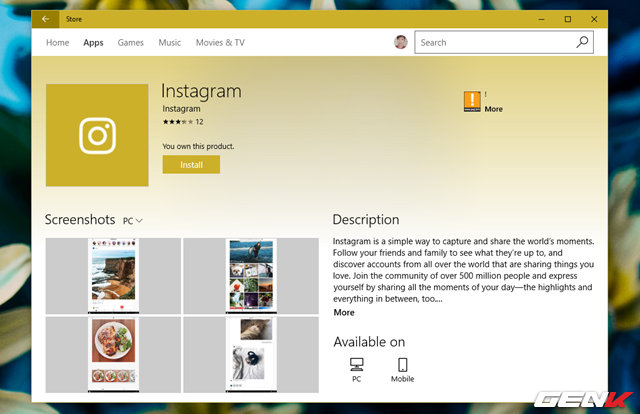  Tương tự như các ứng dụng “chung nhà” Facebook, Instagram được cung cấp hoàn toàn miễn phí trên Windows Store. 