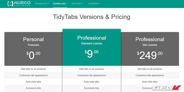  TidyTabs được phát triển bởi Nurgo Software, có tất cả 2 phiên bản để người dùng lựa chọn, bao gồm miễn phí và Pro. Tùy theo nhu cầu sử dụng mà bạn có thể lựa chọn phiên bản cho phù hợp. 