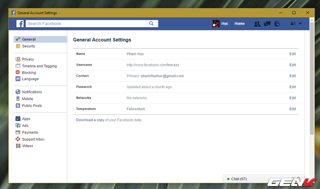  Truy cập nhanh vào tài khoản Facebook và vào phần Settings (cài đặt) của tài khoản. 