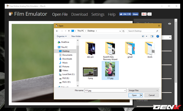  Giao diện của Analog Film Emulator khá đơn giản. Ở đây bạn sẽ tiến hành tải ảnh lên để tiến hành biên tập thông qua lựa chọn “Open File”. 