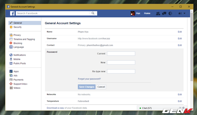  Nhấp vào lựa chọn Password (mật khẩu) trong phần General (cài đặt chung). Sau đó tiến hành cập nhật mật khẩu mới cho tài khoản Facebook của mình. 