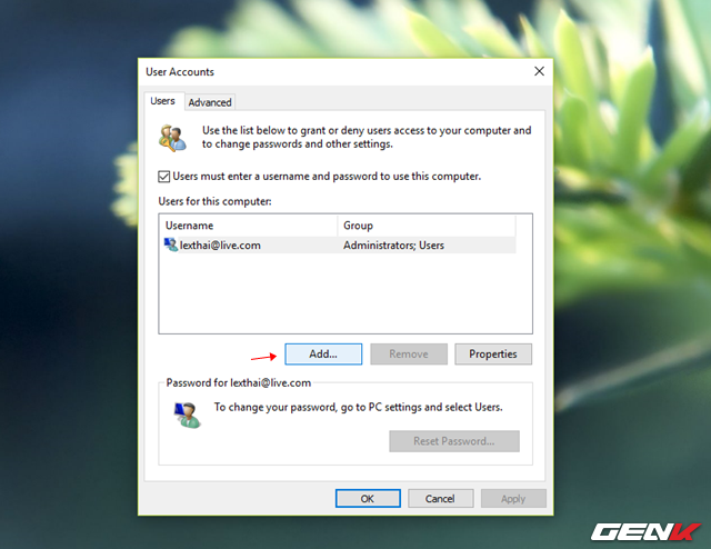  Hộp thoại User Accounts xuất hiện, hãy nhấp vào tùy chọn “Add…” 