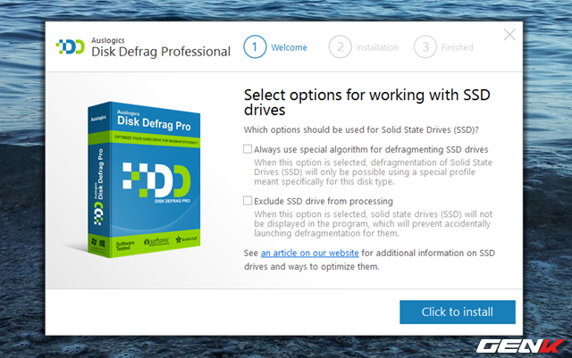  Mặc dù không cung cấp nhiều lựa chọn cấu hình trong lúc cài đặt, Auslogics Disk Defrag vẫn hiển thị 2 lựa chọn thiết lập thể hiện sự “quan tâm” của mình với ổ cứng SSD. Và nếu bạn đang sử dụng SSD, hãy đánh dấu vào cả 2 lựa chọn này. Còn nếu không có, hãy bỏ qua chúng. 