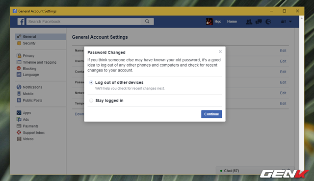  Khi đã cập nhật xong mật khẩu mới, bạn hãy đánh dấu vào lựa chọn “Log out of other devices” và nhấp “Continue” để tiến hành đăng xuất tài khoản khỏi các thiết bị đang đăng nhập tài khoản Facebook của bạn. 
