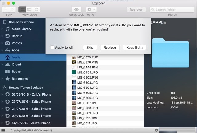 Bây giờ bạn hãy lần lượt tìm đến 2 tập tin có tên giống nhau và có định dạng lần lượt là “.JPG” và “.MOV”, bây giờ bạn hãy mở thư mục mà bạn đã tải về ở trên, tìm đến 2 tập tin có định dạng tương tự, sau đó đổi tên chúng sao cho giống với tên 2 tập tin trên thiết bị. Cuối cùng hãy kéo chúng vào giao diện của iExplorer và nhấn vào lựa chọn “Replace” để xác nhận việc thay thế là xong.