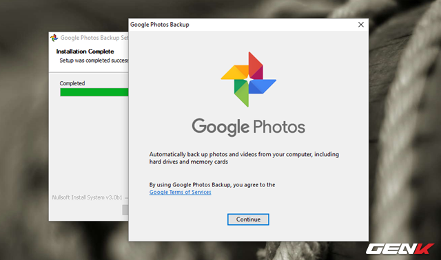  Khi quá trình cài đặt hoàn thành, việc thiết lập Google Photos sẽ được bắt đầu. Ở cửa sổ đầu tiên, bạn hãy nhấn “Continue”. 