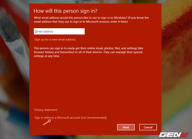  Hộp thoại đăng nhập xuất hiện, bạn hãy nhấn vào dòng chữ “Sign in without a Microsoft account (not recommended)” bên dưới. 