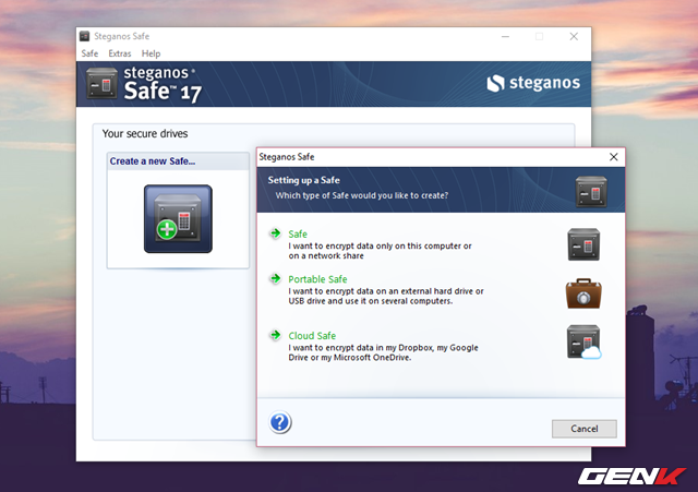  Ở đây chúng ta sẽ thử chọn Create a new Safe… Khi đó bạn sẽ được cung cấp 3 lựa chọn, lần lượt bao gồm Safe (mã hóa và bảo vệ dữ liệu hiện có trên ổ cứng), Portable Safe (mã hóa và bảo vệ dữ liệu có trên USB hay ổ cứng di động) và Cloud Safe (mã hoá các dữ liệu được lưu trên “đám mây” như Dropbox, Google Drive hoặc OneDrive) 