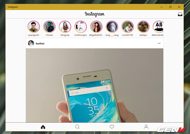  Sau khi đăng nhập, bạn sẽ đưa đến màn hình News Feed của Instagram một cách rất nhanh chóng. Nhìn chung giao diện này không khác gì so với trên các ứng dụng dành cho Android và iOS. 