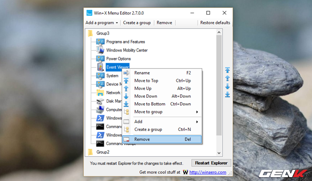  Hoặc đơn giản hơn là nhấn phải chuột và chọn “Remove” trong menu lệnh mà Win X Menu Editor cung cấp. 
