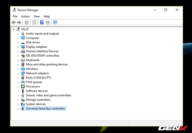  Trong cửa sổ Device Manager, bạn hãy tìm đến nhóm “Universal Serial Bus Controller”. 