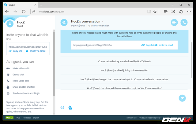  Kèm theo đó, Skype cũng cung cấp cho một URL để bạn có thể sao chép và gửi chúng cho người dùng khác mà bạn muốn trò chuyện truy cập vào và bắt đầu trò chuyện. 