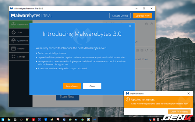  Cùng theo đó, giao diện và cửa sổ giới thiệu nhanh về Malwarebytes Premium 3.0 cũng xuất hiện trên màn hình desktop. 