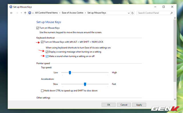 Tiếp theo, để thiết lập kích hoạt nhanh tính năng Mouse Keys bằng tổ hợp phím tắt, bạn hãy đánh dấu tiếp vào lựa chọn “Turn on Mouse Keys with left ALT left SHIFT NUM LOCK”. Và đừng quên đánh dấu thêm vào 2 mục là “Display a warning message when turning a setting on” và “Make a sound when turning a setting on or off” để Windows 10 hiển thị thông báo và âm thanh khi tính năng Mouse Keys được kích hoạt. 