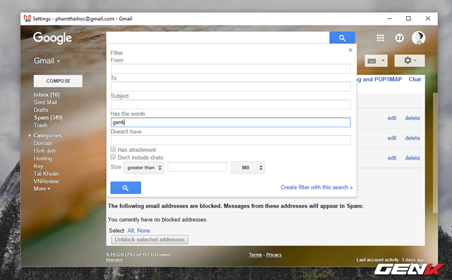  Hộp thoại khởi tạo xuất hiện. Ở đây chúng ta sẽ có các dòng thiết lập bộ lọc mà bạn muốn khởi tạo. Bao gồm địa chỉ người gửi (From), người nhận (To), tiêu đề email (Subject) và quan trọng nhất là từ khóa (Has the words). Ở đây ta sẽ chọn “Has the words” làm ví dụ. Và từ khóa cần lọc là “genk”. Khi đã chọn xong, bạn hãy nhấp vào dòng lựa chọn “Create filter with this search”. 