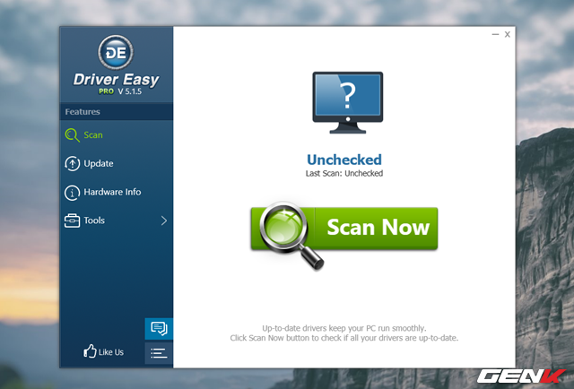  Khi đã hoàn thành việc cài đặt, giao diện làm việc chính của Driver Easy sẽ xuất hiện trên desktop. Nhìn chung giao diện của Driver Easy khá đơn giản. Để bắt đầu, bạn hãy nhấn vào “Scan Now” để cho phép phần mềm tiến hành quét và kiểm tra tình trạng driver hiện tại của Windows. 