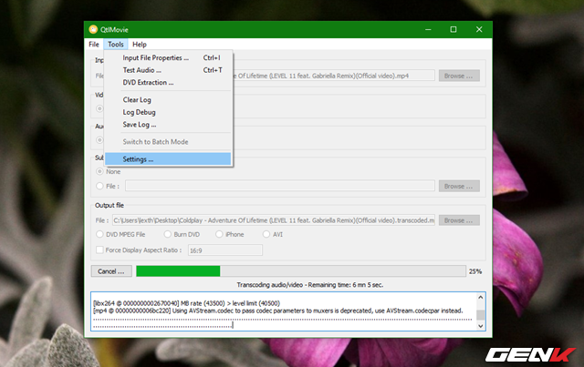  Để xem và điều chỉnh các thiết lập trong QtlMovie, bạn hãy truy cập vào Tools > Settings… 