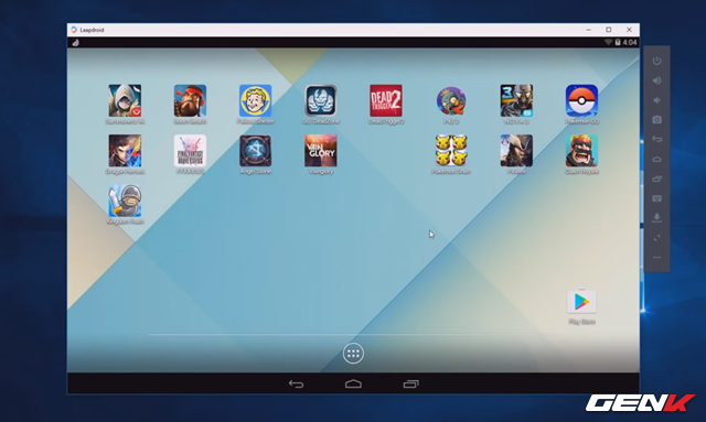  Sau khi hoàn thành xong quá trình khởi động, bạn sẽ được đưa đến màn hình Homescreen của Leapdroid. Tại đây sẽ có sẳn một số tựa game để bạn giải trí ngay hoặc tải thêm thông qua Play Store. 