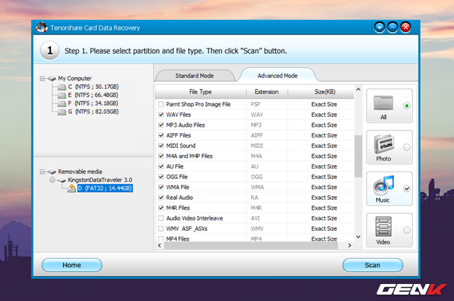  Để xem được hầu hết các định dạng mà Tenorshare Card Data Recovery hỗ trợ phục hồi, bạn hãy chuyển qua tab “Advanced Mode”. Nhằm tiết kiệm thời gian, tốt nhất bạn nên chọn đúng nhóm định dạng mà mình cần để quá trình diễn ra được nhanh chóng. 