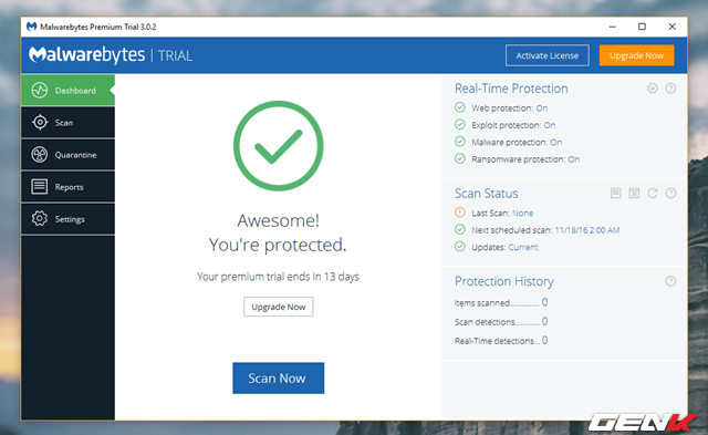  Theo mặc định, sau khi cài đặt xong, Malwarebytes Premium 3.0 sẽ tự kích hoạt thời gian dùng thử cho bạn đến gần 15 ngày không giới hạn tính năng. Và ở giao diện chính của phần mềm, bạn có thể thấy được danh sách các tính năng đã được kích hoạt, cũng như thông tin về lượt quét kiểm tra hệ thống gần đây nhất. 