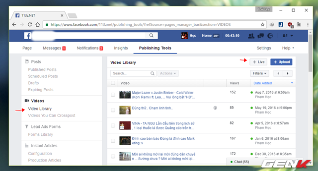 Trong trang Publishing Tools, bạn hãy nhấn vào lựa chọn “Video Library” ở Video và nhấn vào “Live”.