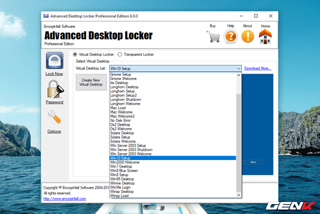  Trường hợp nếu lựa chọn Virtual Desktop Locker, bạn sẽ được cung cấp một danh sách dài các lựa chọn Desktop ảo khá phong phú. Nếu thấy chưa “đủ đô”, bạn có thể tải thêm bằng cách nhấp vào lựa chọn “Download More…” bên cạnh. 