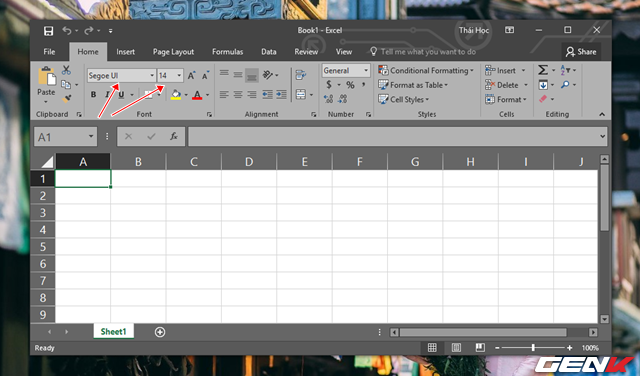  Sau khi đã khởi động xong, bạn có thể thấy Excel đã được thiết lập kích thước và font chữ mặc định đúng theo lựa chọn của bạn. 