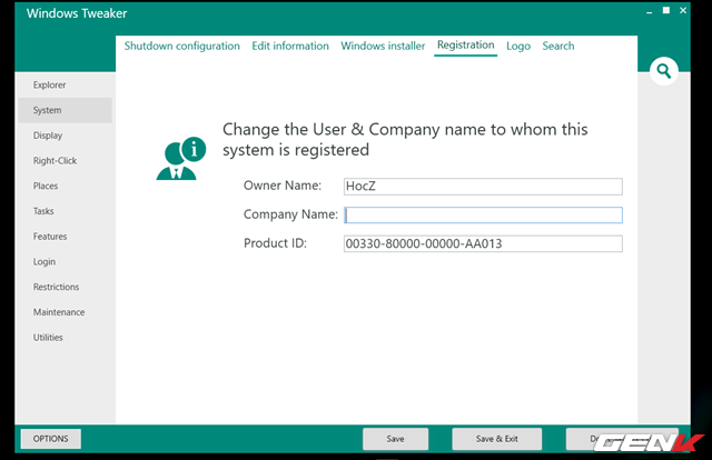  Một trong những khả năng mà Windows Tweaker cung cấp có thể người dùng Windows thích thú nhất có lẽ là việc nó hỗ trợ người dùng có thể thiết lập các thông tin như tên người dùng, số điện thoại hay thông tin về máy tính Windows của mình. Và tất cả sẽ được liệt kê trong nhóm “System”, do đó bạn có thể lựa chọn và thay đổi sang thông tin mình muốn tại các tab lựa chọn ở đây. 