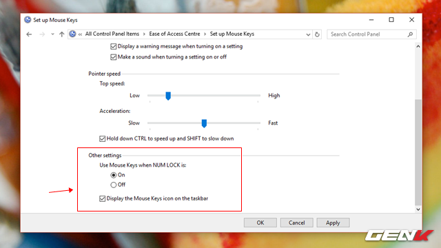  Ở nhóm thiết lập “Other settings”, bạn sẽ được cung cấp lựa chọn sử dụng Mouse Keys bằng các phím số thông qua việc mở hoặc tắt bằng phím Num Lock. 