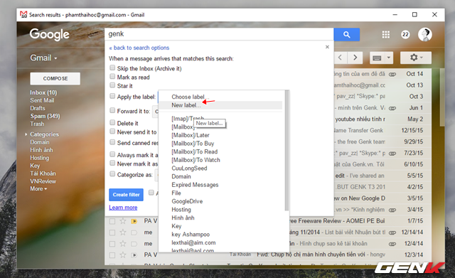  Ở đây chúng ta sẽ lựa chọn “dán nhãn” để dễ nhận biết cho các email có từ khóa tương ứng, bạn hãy nhấp vào menu lựa chọn ở dòng “Apply the label” và chọn “New label…”. 