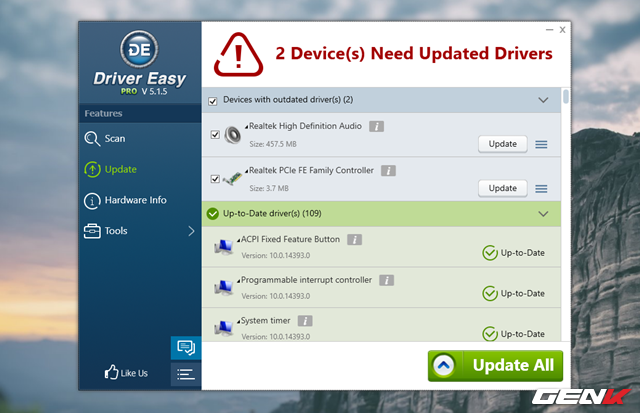  Sau khi quá trình quét kết thúc, Driver Easy sẽ hiển thị danh sách và tình trạng driver của máy tính. Nếu phát hiện thấy có driver cần cập nhật, phần mềm sẽ hiển thị lên đầu danh sách. Và bạn chỉ việc nhấp vào “Update All” để cập nhật tất cả hoặc “Update” để cập nhật từng cái. 