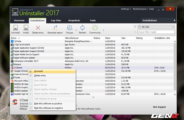  Khi cần gỡ bỏ một phần mềm nào đó nằm trong danh sách, bạn hãy nhấn phải chuột vào nó và chọn “Uninstall”, hoặc nhấn trái chuột để chọn và nhấp vào lệnh “Uninstall” ở thanh menu phía trên. 