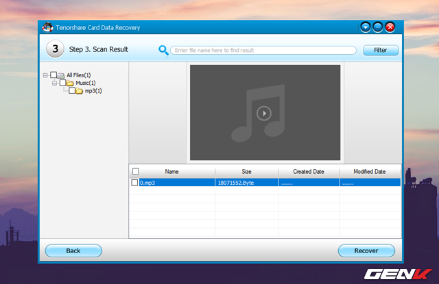  Sau khi hoàn thành quá trình quét, bạn sẽ được Tenorshare Card Data Recovery cung cấp danh sách các tập tin mà phần mềm quét được và có khả năng phục hồi. Bên cạnh đó bạn còn có thể kiểm tra tập tin bằng cách nhấn chọn vào nó, màn hình xem trước sẽ xuất hiện ở phía trên. 
