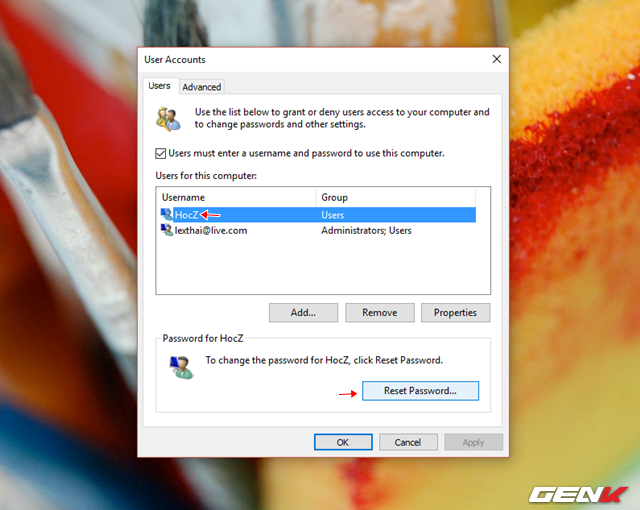  Quay trở lại với cửa sổ User Accounts, bạn sẽ thấy thông tin tài khoản người dùng mới vừa tạo sẽ xuất hiện trong danh sách. Để thay mật khẩu, bạn hãy nhấn chọn vào tên tài khoản vừa tạo và nhấn vào lựa chọn “Reset Password” bên dưới. 